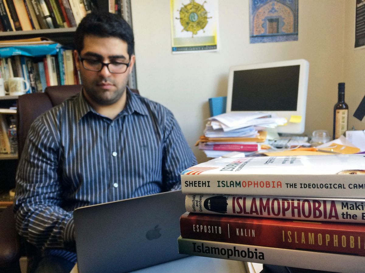 Khairuldeen Makhzoomi works in his office in Berkeley, Calif., Monday, April 18, 2016. A University of California, Berkeley student who came to the U.S. as an Iraqi refugee says he was unfairly removed from a flight at Los Angeles International Airport earlier this month because a fellow passenger was alarmed by an innocent conversation he was having in Arabic. Southwest Airlines said in a statement Sunday that the passenger, Makhzoomi, was taken off the April 9, 2016, flight from Los Angeles to Oakland, California, for questioning and the plane took off while that was happening. (AP Photo/Haven Daley) (AP)