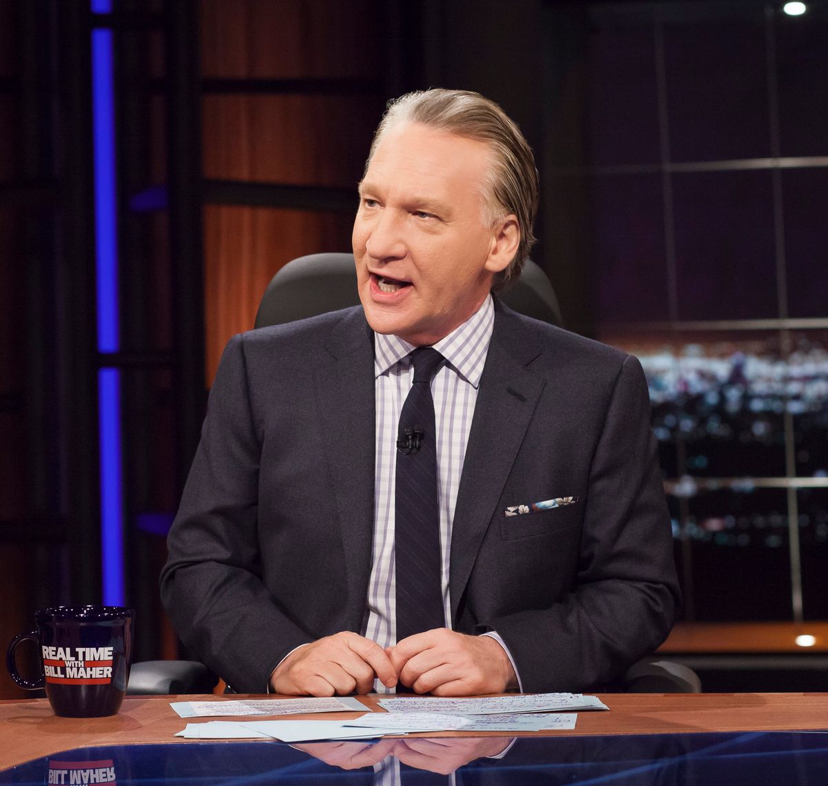 This April 8, 2016 photo released by HBO shows Bill Maher, host of "Real Time with Bill Maher," during a broadcast of the show in Los Angeles. Since premiering 13 years ago, Maher has provided an essential forum for smart discussion about politics and culture, with his opening monologue often the sharpest, best-crafted topical humor on television. (Janet Van Ham/HBO via AP) (AP)