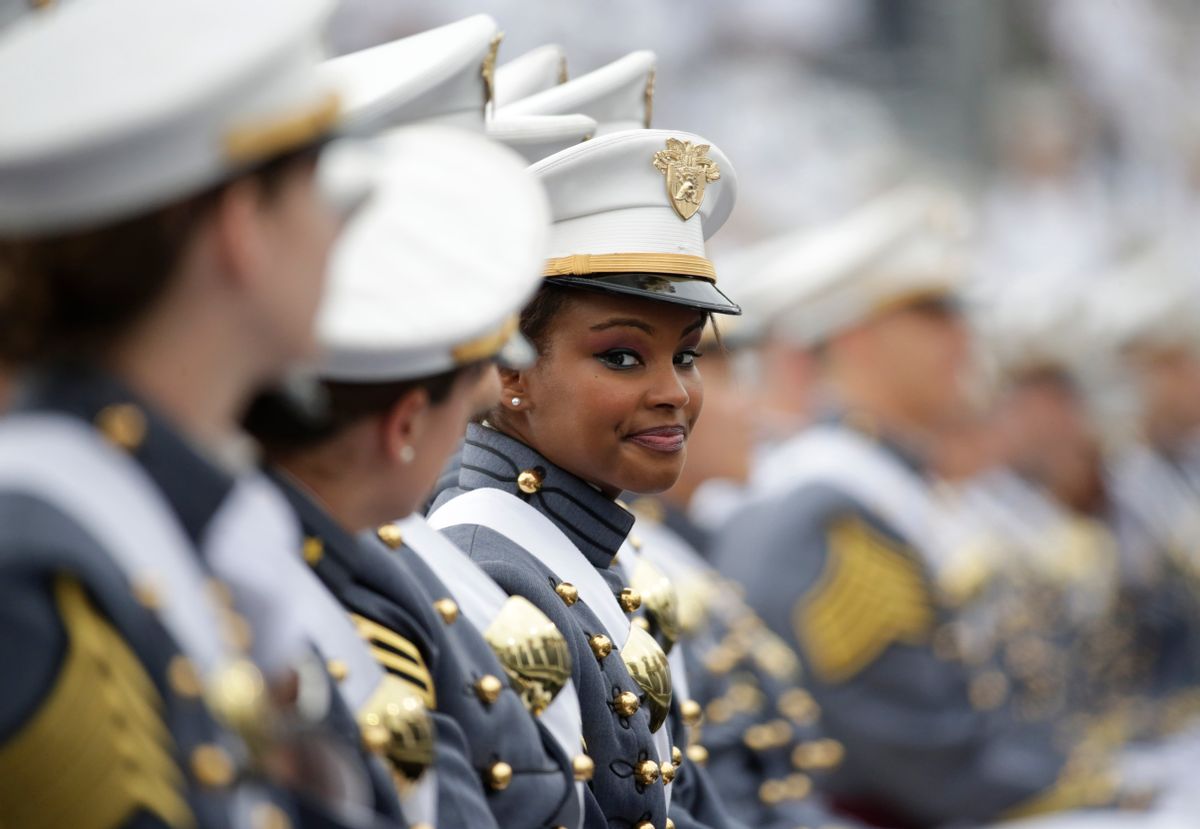 Cadets are seated during a graduation and commissioning ceremony at the U.S. Military Academy on Saturday, May 21, 2016, in West Point, N.Y. (AP Photo/Mike Groll) (AP)