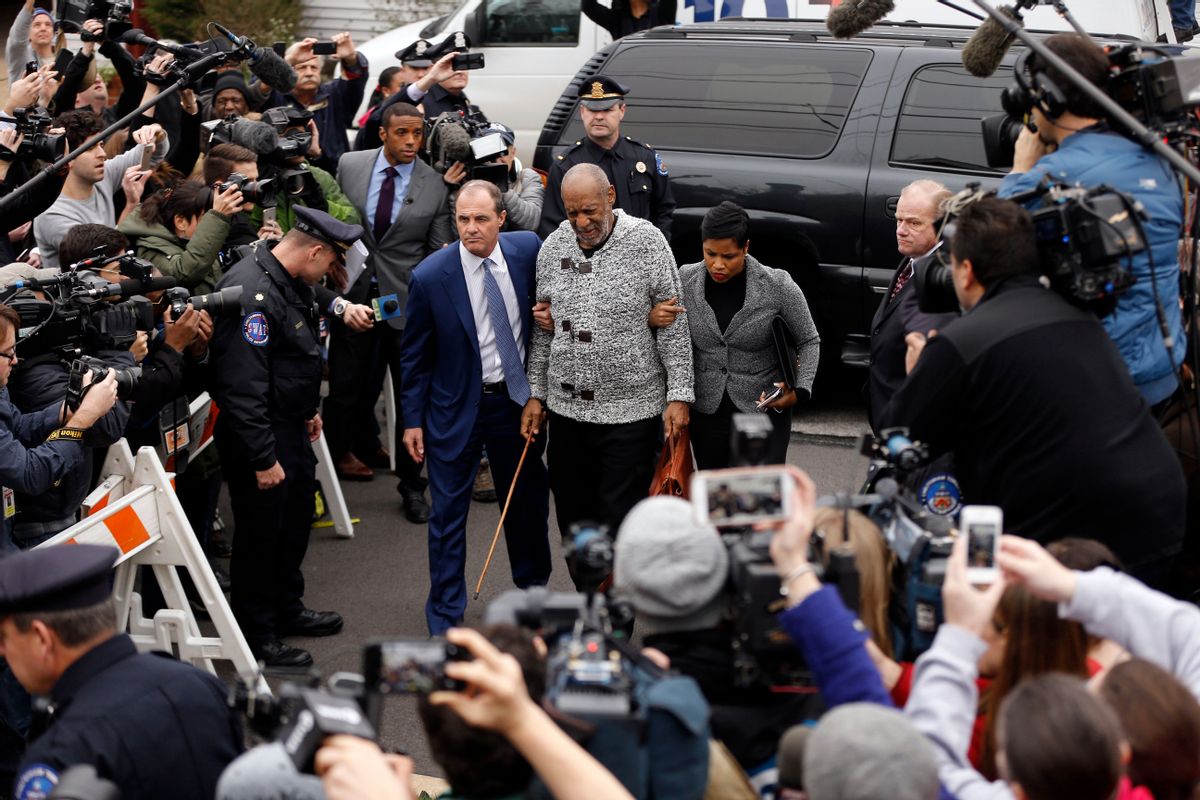 FILE - In this Dec. 30, 2015 file photo Bill Cosby, center, accompanied by his attorneys Brian McMonagle, left, and Monique Pressley, arrives at court to face a felony charge of aggravated indecent assault in Elkins Park, Pa. Cosby is spending millions of dollars on teams of high-priced lawyers across the country amid a cascade of sexual assault allegations, defamation claims and insurance disputes. (AP Photo/Matt Rourke, File) (AP Photo/Matt Rourke, File)