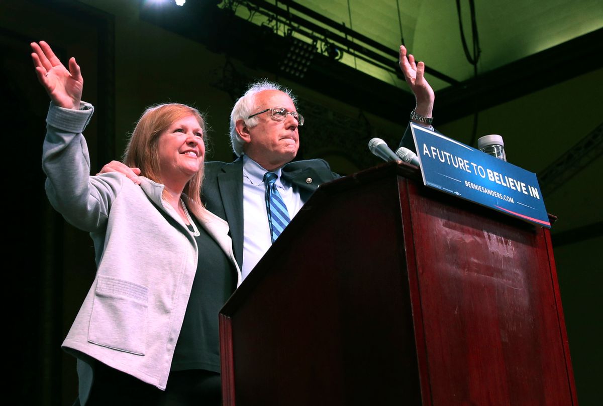 Jane O'Meara Sanders joins her husband, Democratic presidential candidate, Sen. Bernie Sanders, I-Vt., at a campaign rally, Monday, May 9, 2016, in Atlantic City, N.J. (AP Photo/Mel Evans) (AP)