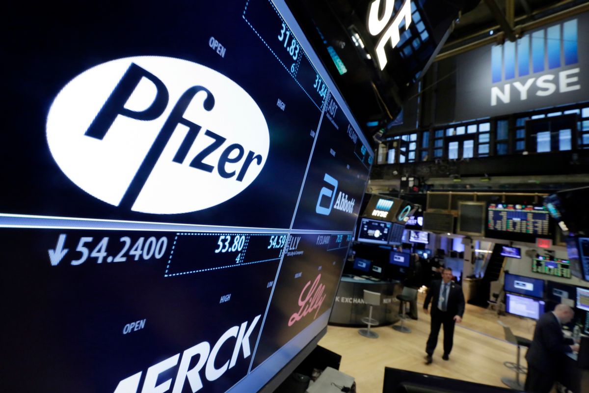 File-This April 6, 2016, file photo shows the Pfizer logo appearing on a screen above its trading post on the floor of the New York Stock Exchange.  Pfizer said Friday, May 13, 2016, it was blocking use of its drugs in lethal injections, which means all federally-approved drugmakers whose medications could be used for executions have now put them off limits. (AP Photo/Richard Drew) (AP)