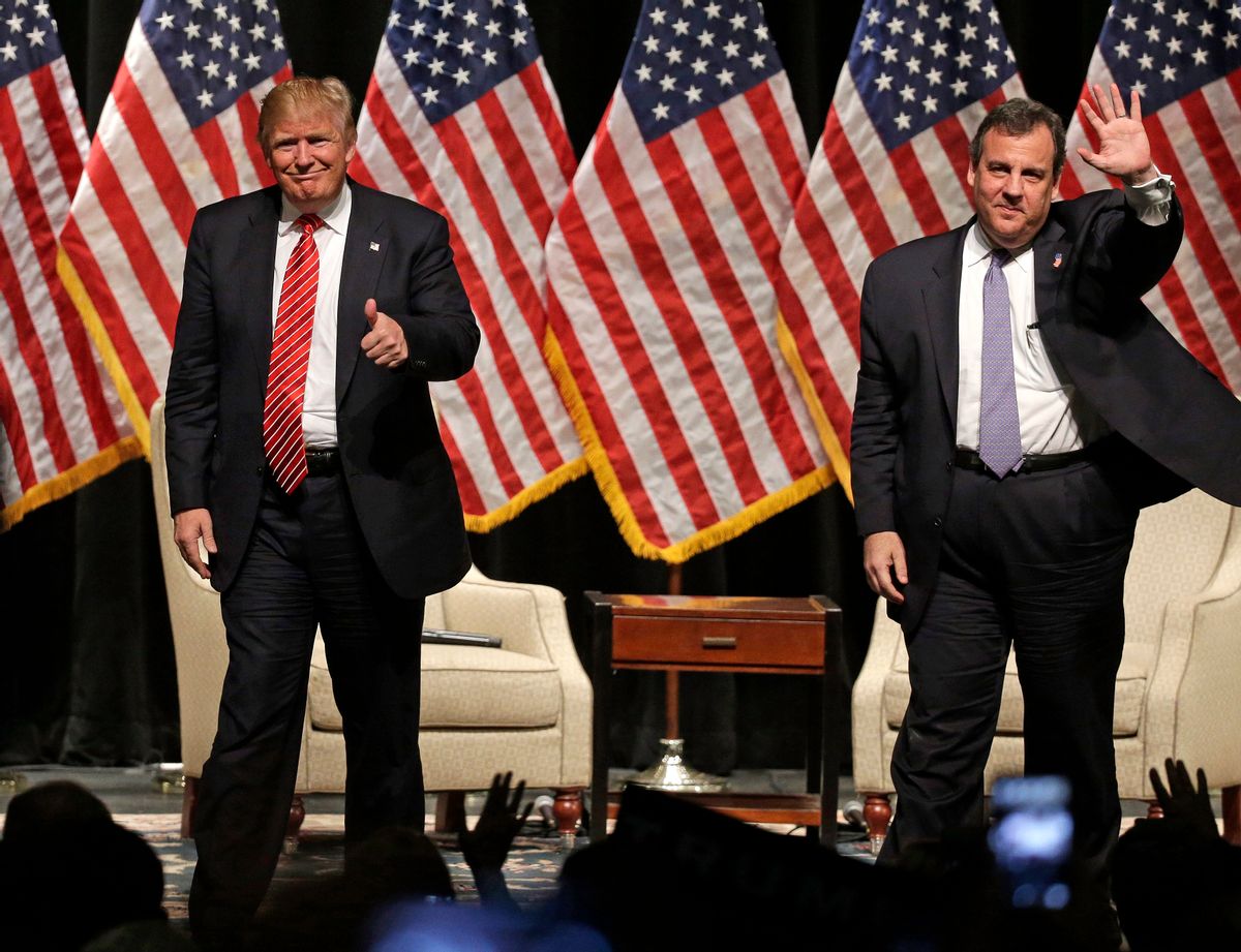 FILE - In this March 14, 2016 file photo, Republican presidential candidate Donald Trump gives a thumbs up as New Jersey Gov. Chris Christie waves to the crowd as they walk off the stage after a rally at Lenoir-Rhyne University in Hickory, N.C.  Christies decision to endorse Donald Trump back in February brought him plenty of derision at the time. But its bringing rewards now that its clear he bet on the winner. (AP Photo/Chuck Burton, File) (AP Photo/Chuck Burton, File)