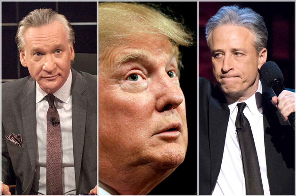 Bill Maher, Donald Trump, Jon Stewart   (AP/Janet Van Ham/Charlie Neibergall/Charles Sykes)