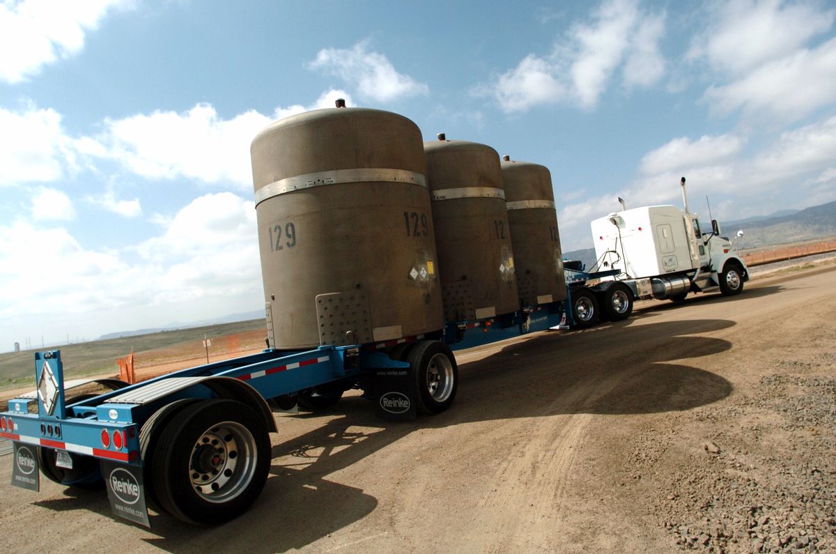 FILE -- In this April 19, 2005, file photo, the last of shipment of high-level radioactive waste is driven away from the former Rocky Flats nuclear weapons plant in Golden, Colo.  (Sammy Dallal/The Daily Camera via AP, file) (AP)