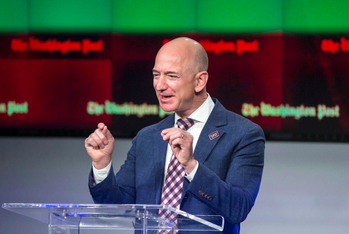 FILE - In this Jan. 28, 2016, file photo, billionaire Amazon founder and Washington Post owner Jeff Bezos talks about the history and character of the Post during a dedication ceremony for its new headquarters in Washington.  (AP Photo/J. Scott Applewhite, File)