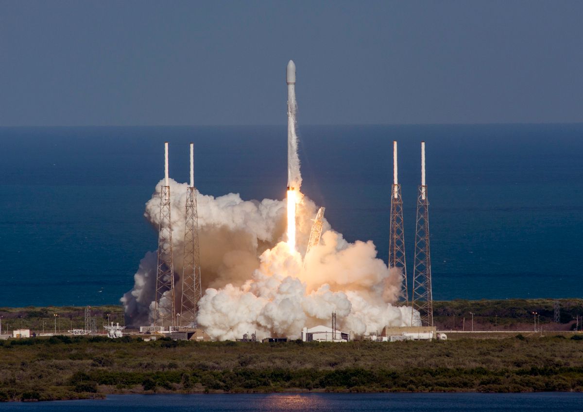 In this image released by SpaceX, an unmanned Falcon rocket lifts off from from Cape Canaveral Air Force Station, Friday, May 27, 2016, in Cape Canaveral, Fla. The first stage of the unmanned Falcon rocket settled onto a barge 400 miles off the Florida coast, eight minutes after liftoff, It's the third successful booster landing at sea for the California-based SpaceX. This one came after the rocket launched an Asian communications satellite. (SpaceX via AP) (AP)