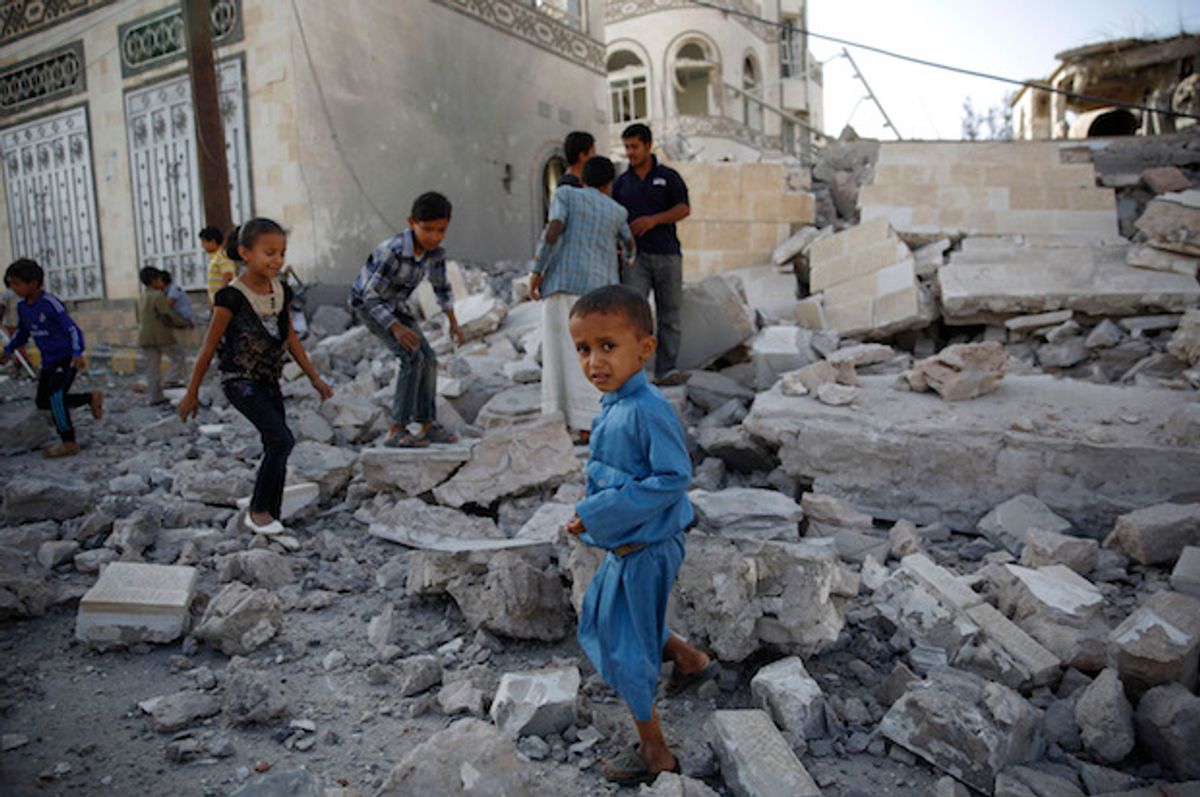 Yemeni children play in the rubble of a house destroyed by a Saudi-led airstrike in Sanaa, Yemen on Sept. 8, 2015  (AP/Hani Mohammed)