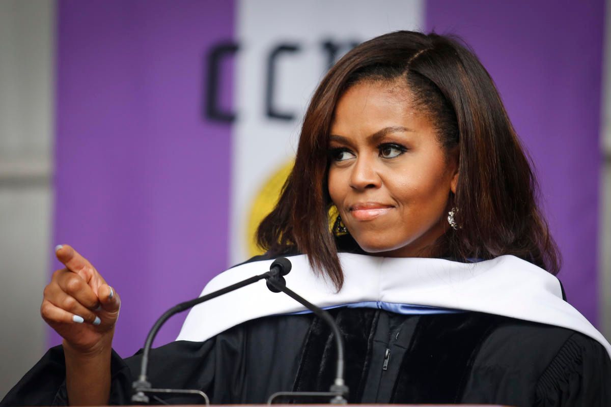 First Lady Michelle Obama speaks to members of the class of 2016 in her final commencement speech as first lady, Friday June 3, 2016, during commencement at CCNY in New York. (AP Photo/Bebeto Matthews) (AP)
