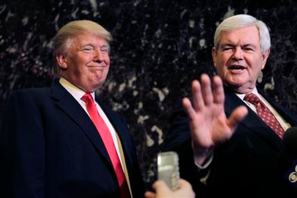 FILE - Donald Trump smiles at left as Republican presidential candidate, former House Speaker Newt Gingrich talks to media after their meeting in New York, in this Dec. 5, 2011 file photo. Real estate mogul and reality show star Donald Trump intends to endorse Gingrich's GOP presidential bid, according to a source close to Gingrich's campaign. Trump is set to announce his support Thursday Feb. 2, 2012 in Las Vegas, where Gingrich is campaigning in advance of Nevada's Republican caucuses on Saturday. (AP Photo/Seth Wenig, File) (AP)