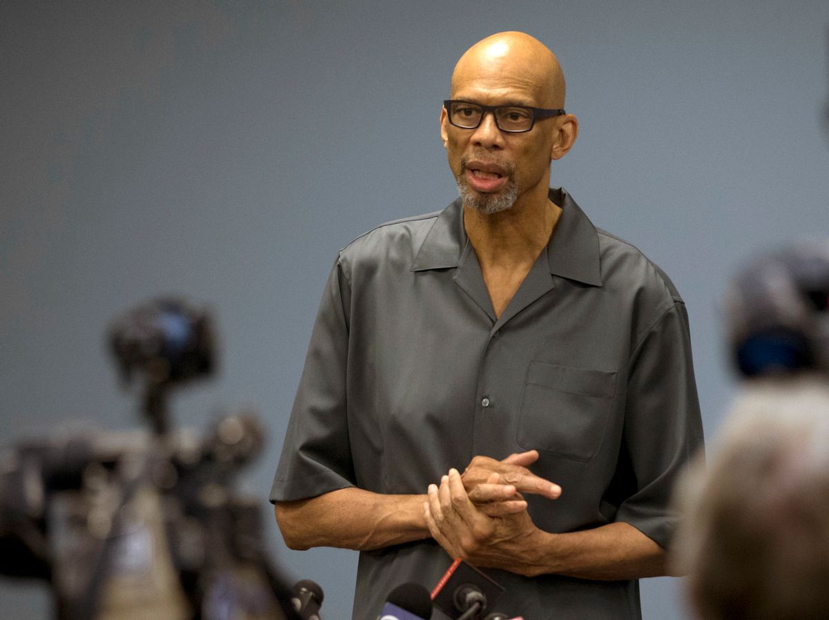 FILE - In this July 9, 2015, file photo, basketball legend Kareem Abdul-Jabbar speaks during a news conference in Los Angeles. The death of Muhammad Ali last week sent Abdul-Jabbar, the NBA's all-time scoring leader, and Jim Brown, a four-time NFL MVP, strolling down memory lane, back to June 4, 1967 and a sunny day that they spent together in Cleveland. (AP Photo/Jae C. Hong, File) (AP)