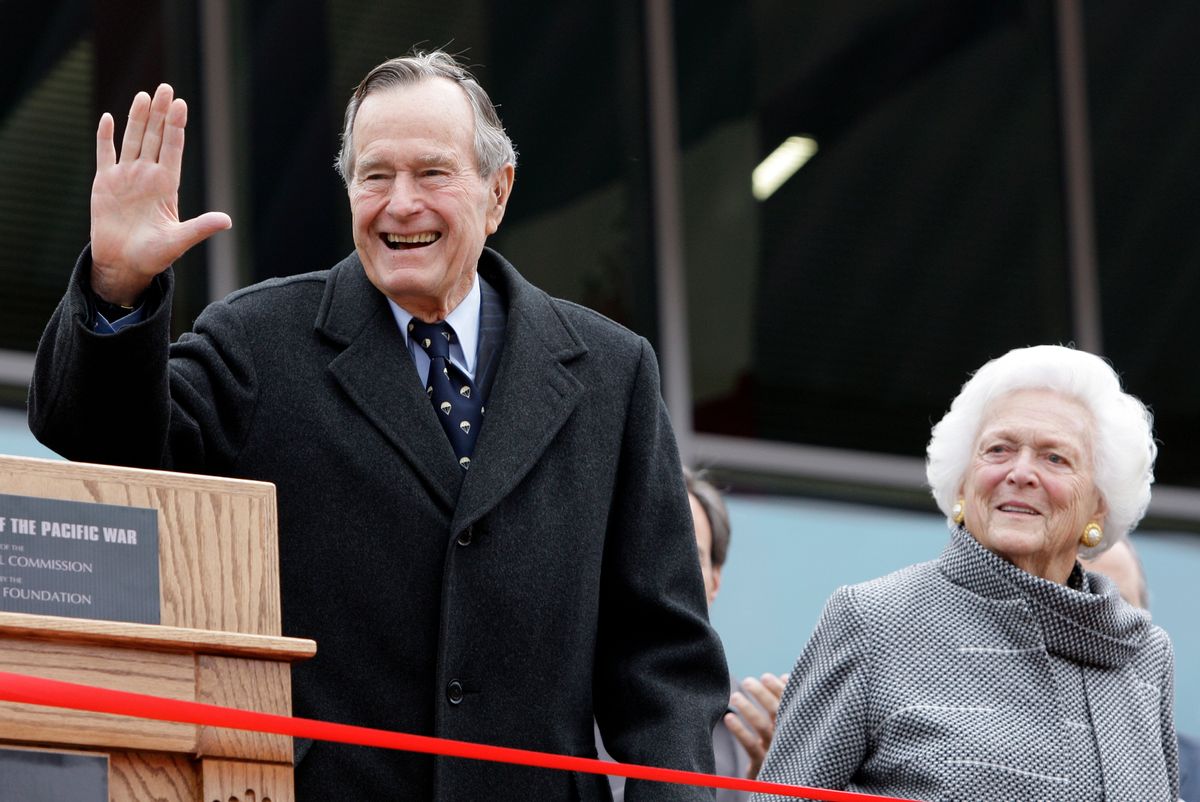 FILE - In this Dec. 7, 2009 file photo, former President George H.W. Bush and former first lady Barbara Bush arrive for a ceremony to dedicate an expanded gallery that carries his name at the National Museum of the Pacific War, in Fredericksburg, Texas. Barbara Bush is celebrating her 91st birthday with her family in Maine. She and former President George H.W. Bush are being joined by family members including their son, former President George W. Bush, to help her celebrate on Wednesday, June 8, 2016.  (AP Photo/Eric Gay, File) (AP)