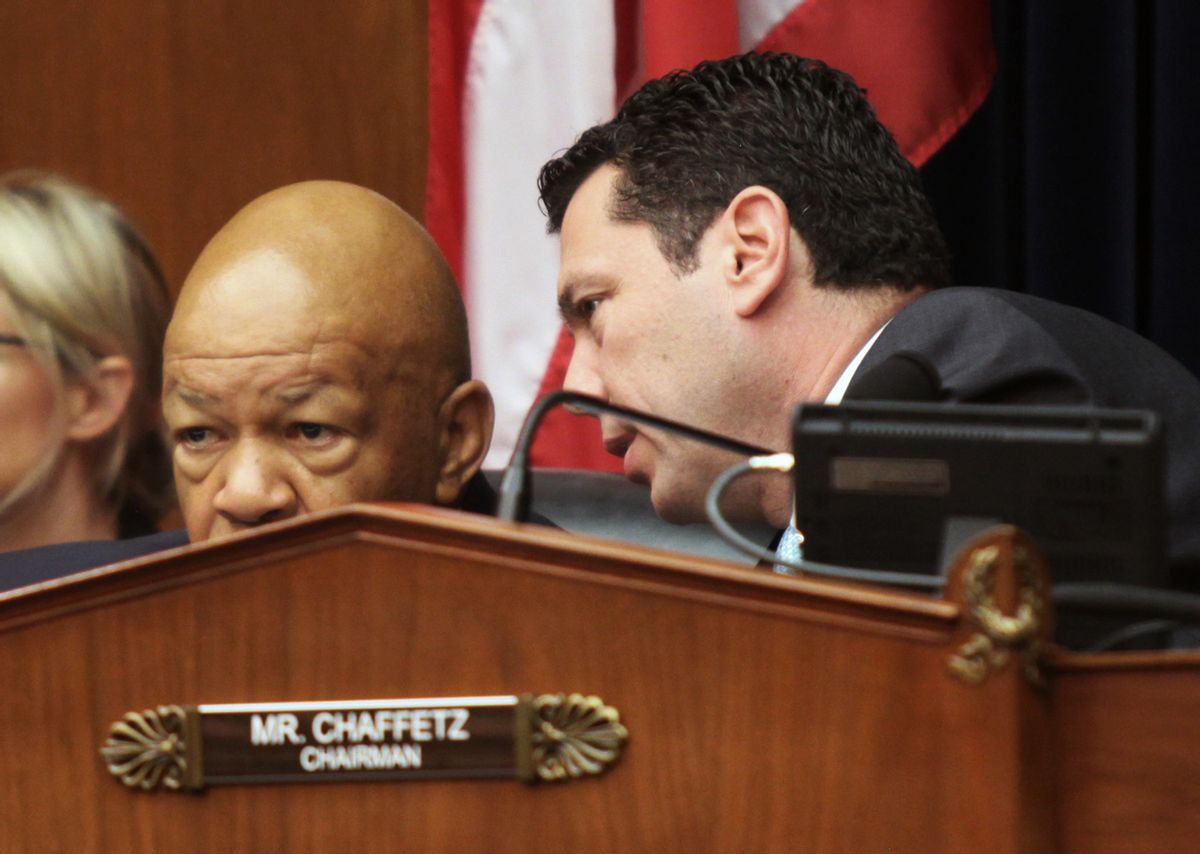 House Committee on Oversight and Government Reform Committee Chairman Rep. Jason Chaffetz, R-Utah, right, talks to the committee's ranking member Rep. Elijah Cummings, D-Md., on Capitol Hill in Washington, Wednesday, June 15, 2016,. (AP)