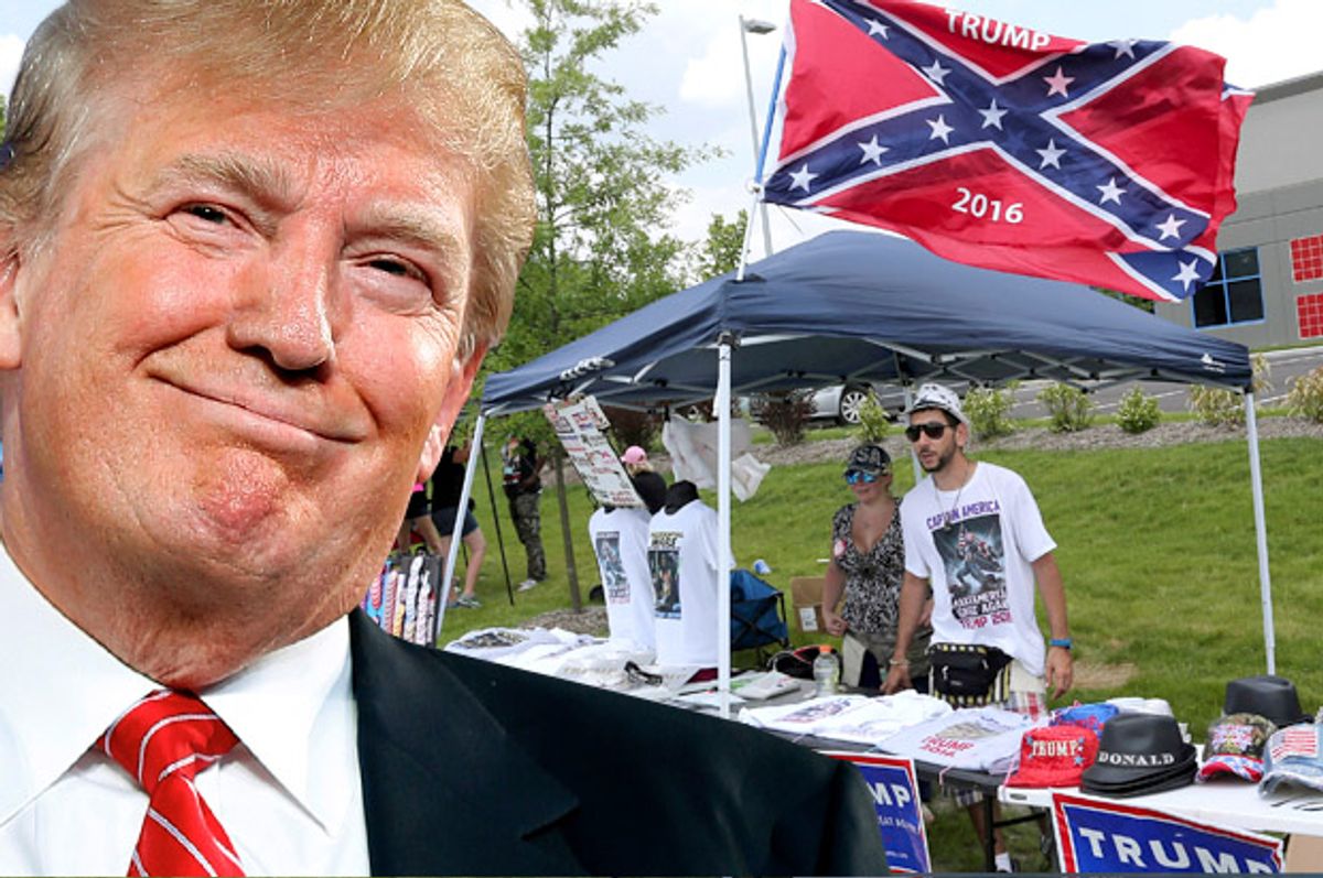 Donald Trump; A vendor at a Donald Trump rally in Pittsburgh, June 11, 2016.    (AP/Andrew Harnik/Reuters/Aaron Josefczyk/Photo montage by Salon)