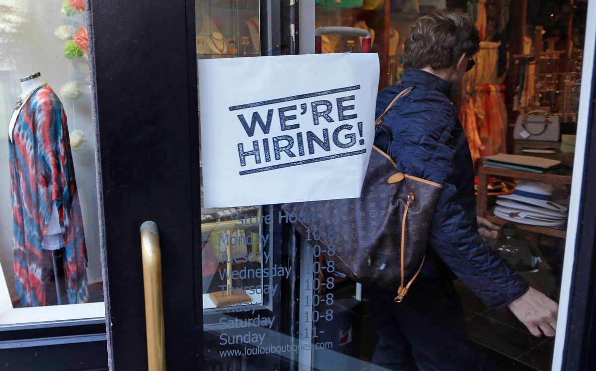 FILE - In this Wednesday, May 18, 2016, file photo, a woman passes a "We're Hiring!" sign while entering a clothing store in the Downtown Crossing of Boston. On Friday, June 3, 2016, the U.S. government issues the May jobs report. (AP Photo/Charles Krupa, File) (AP)