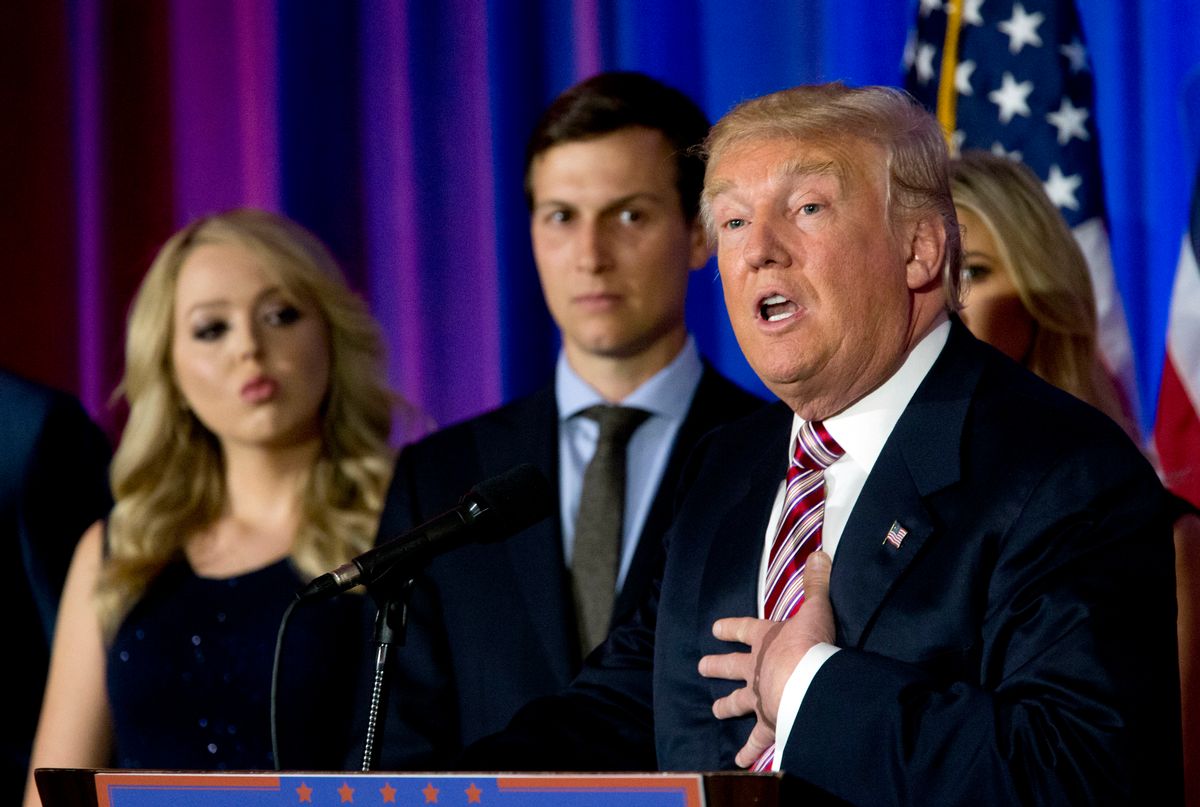 Republican presidential candidate Donald Trump is joined by his daughter Tiffany, left, and son-in-law Jared Kushner as he speaks during a news conference at the Trump National Golf Club Westchester, Tuesday, June 7, 2016, in Briarcliff Manor, N.Y. (AP Photo/Mary Altaffer) (AP Photo/Mary Altaffer)