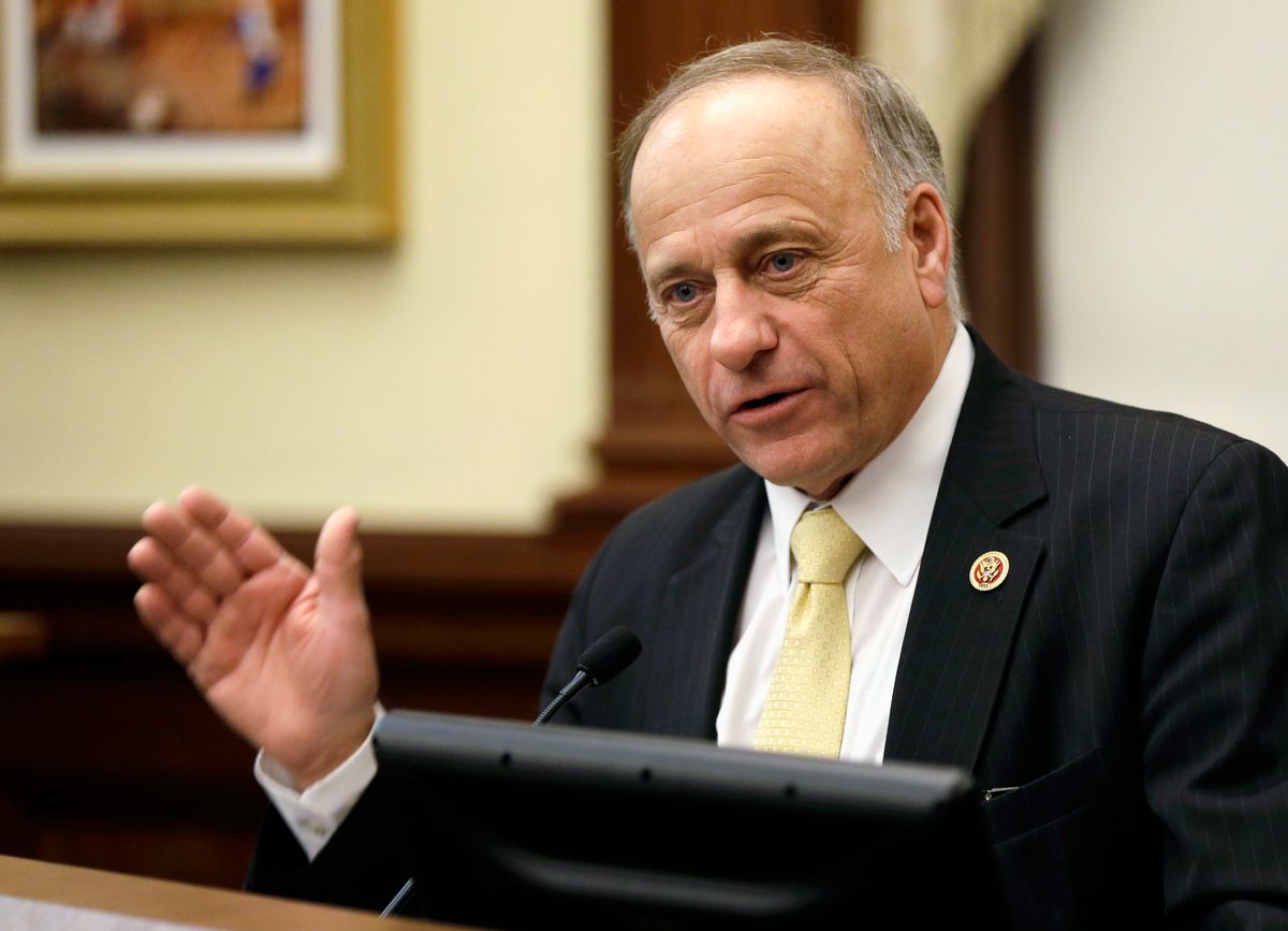 FILE - In this Jan. 23, 2014, file photo, Republican U.S. Rep. Steve King of Iowa speaks in Des Moines. King has proposed an amendment to a government spending bill that would block U.S. Treasury officials from changing the look of U.S. currency. (AP Photo/Charlie Neibergall, File) (AP)