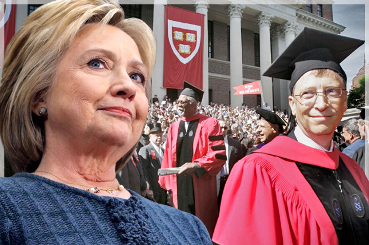 Hillary Clinton; Bill Gates at Harvard University's commencement ceremony, June 7, 2007.   (Reuters/Brian Snyder/AP/Michael Dwyer/Photo montage by Salon)