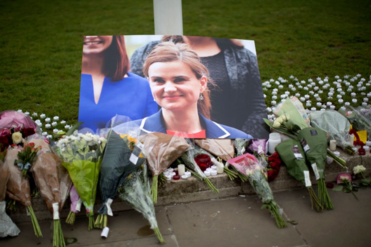 A memorial for Jo Cox outside the House of Parliament in London, June 17, 2016.    (AP/Matt Dunham)