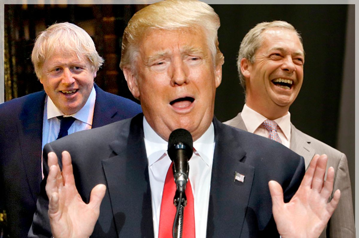 Boris Johnson, Donald Trump, Nigel Farage   (AP/Reuters/Matt Dunham/Scott Audette/Kirsty Wigglesworth/Photo montage by Salon)