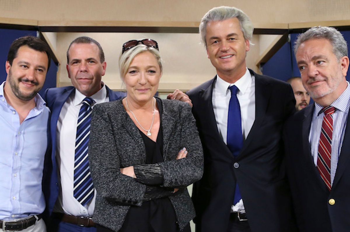 Far-right European leaders at the European Parliament in May 2014. (Left to right) Matteo Salvini, member of Italy's Lega Nord; Harald Vilimsky, member of Austria's Freedom Party; Marine Le Pen, leader of France's National Front; Geert Wilders, leader of the Netherland's Freedom Party; and Gerolf Annemans, member of Belgium's Vlaams Belang  (Reuters/Francois Lenoir)