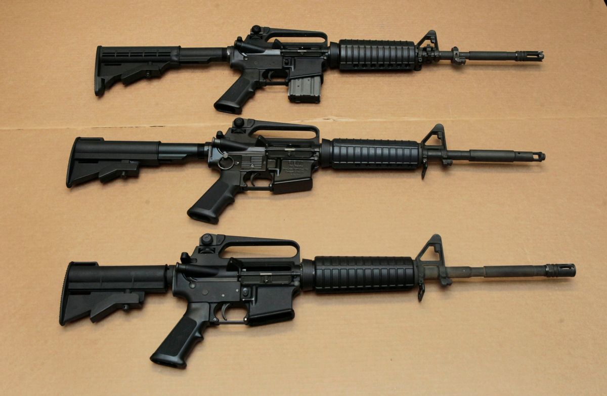 FILE -- In this Aug. 15, 2012 file photo, three variations of the AR-15 assault rifle are displayed at the California Department of Justice in Sacramento, Calif. While the guns look similar, the bottom version is illegal in California because of its quick reload capabilities. Omar Mateen used an AR-15 that he purchased legally when he killed 49 people in an Orlando nightclub over the weekend President Barack Obama and other gun control advocates have repeatedly called for reinstating a federal ban on semi-automatic assault weapons that expired in 2004, but have been thwarted by Republicans in Congress. (AP Photo/Rich Pedroncelli,file) (AP)