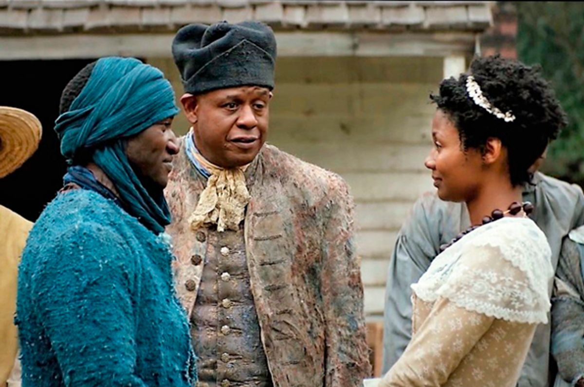 Malachi Kirby, Forest Whitaker and Emayatzy Corinealdi in "Roots" (The History Channel)