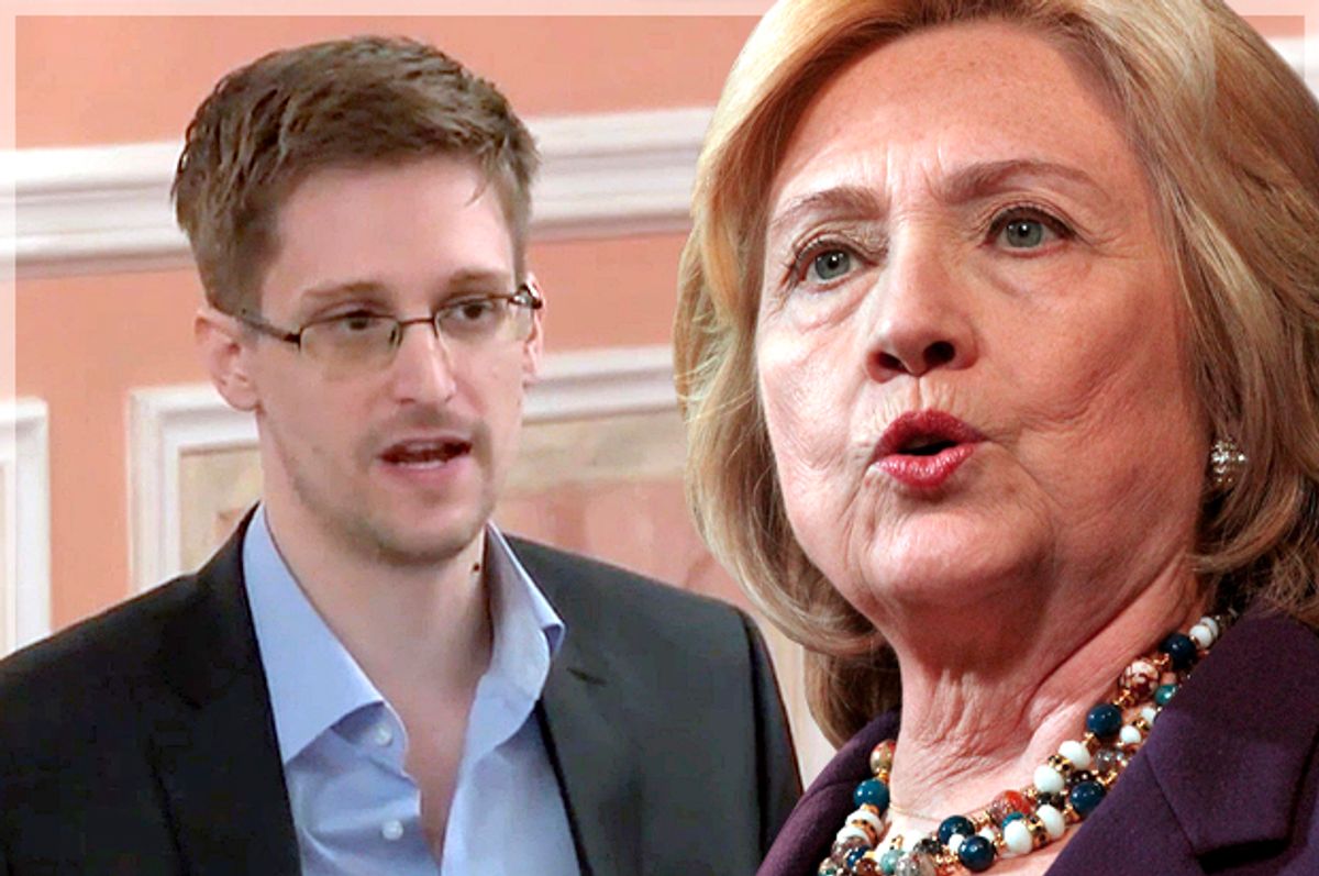 Edward Snowden, Hillary Clinton   (AP/Reuters/Mary Schwalm/Photo montage by Salon)