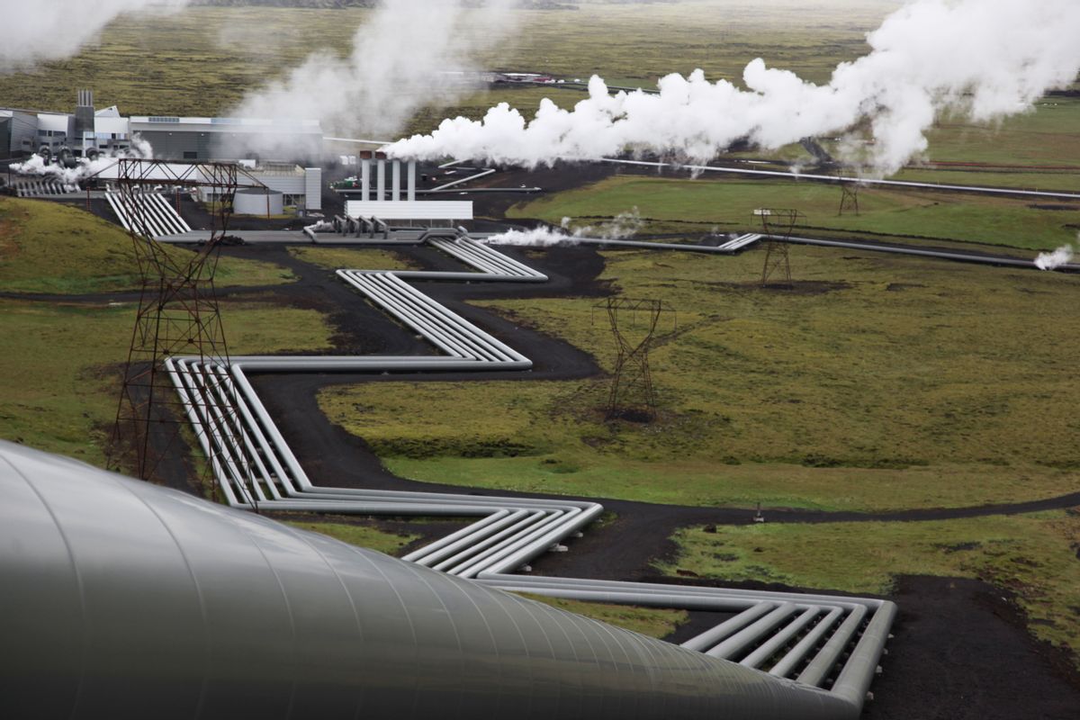 FILE - In this July 28, 2011 file photo, giant ducts carry superheated steam from within a volcanic field to the turbines at Reykjavik Energy's Hellisheidi geothermal power plant in Iceland. (AP Photo/Brennan Linsley, Fie) (AP)
