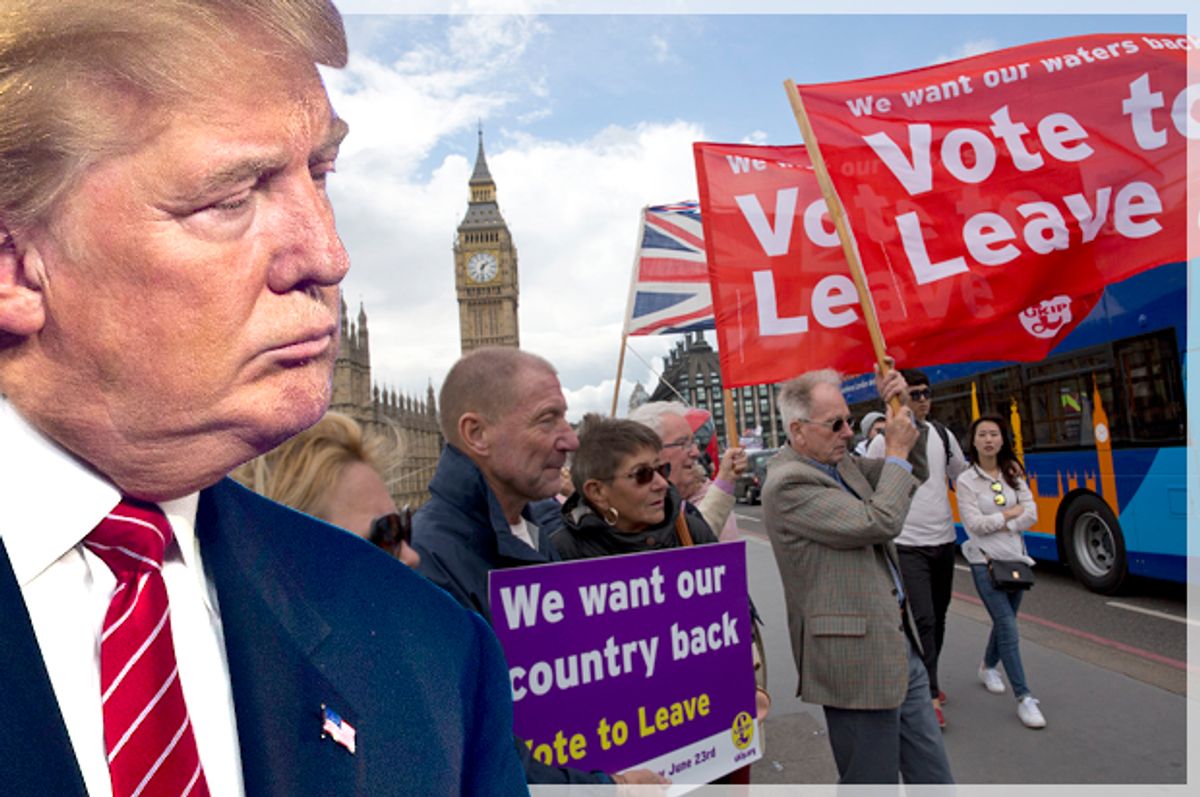 Donald Trump; Leave supporters in London, June 15, 2016.   (Reuters/L.E. Baskow/AP/Matt Dunham/Photo montage by Salon)