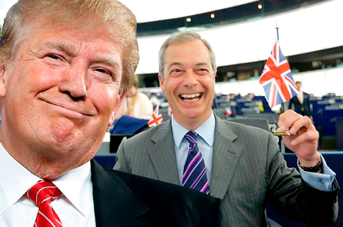 Donald Trump, Nigel Farage   (AP/Andrew Harnik/Reuters/Vincent Kessler/Photo montage by Salon)