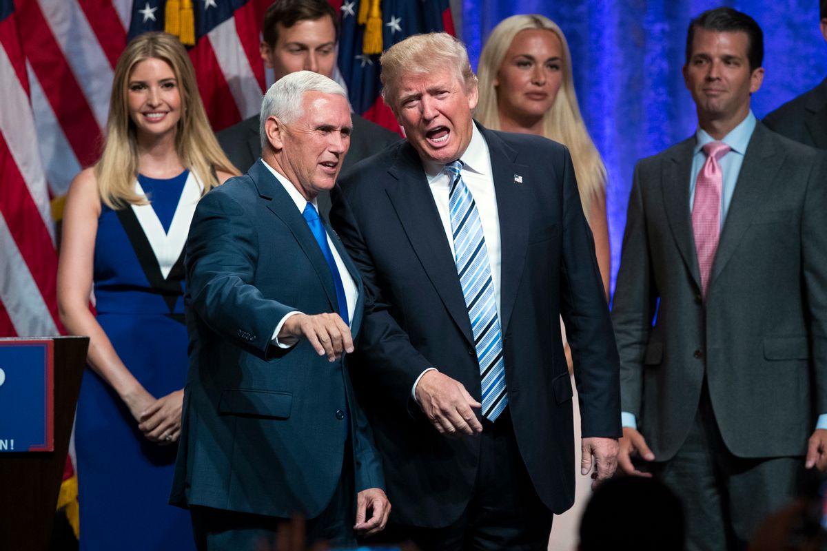 Republican presidential candidate Donald Trump, right, talks with Gov. Mike Pence, R-Ind., during a campaign event to announce Pence as the vice presidential running mate on, Saturday, July 16, 2016, in New York.  Trump introduced Pence as his running mate calling him "my partner in this campaign" and his first and best choice to join him on a winning Republican presidential ticket.  (AP Photo/Evan Vucci) (AP)