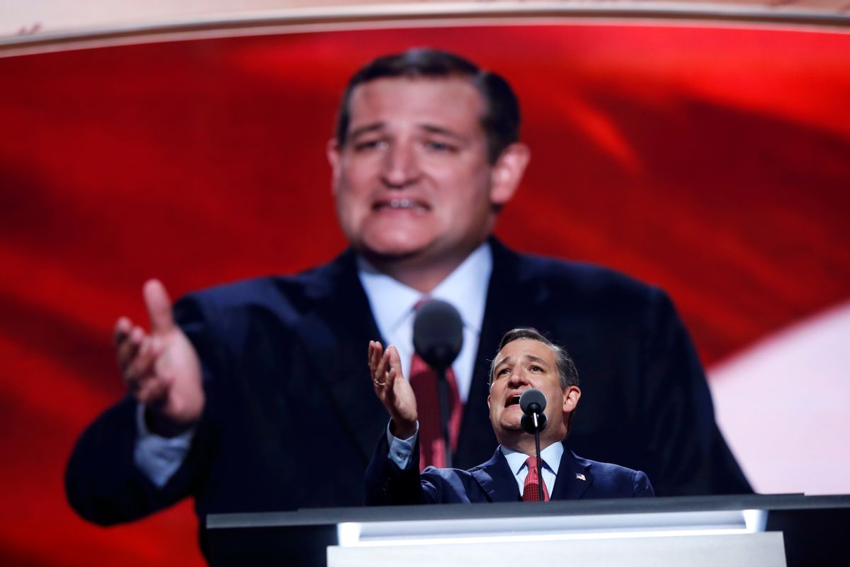 Sen. Ted Cruz, R-Texas, addresses the delegates during the third day session of the Republican National Convention in Cleveland, Wednesday, July 20, 2016. (AP Photo/Carolyn Kaster) (AP)
