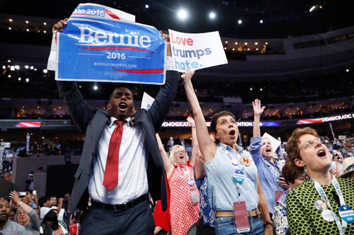 A supporter of Bernie Sanders approaches the podium at the Democratic National Convention in Philadelphia, July 25, 2016.   (Reuters/Mark Kauzlarich)