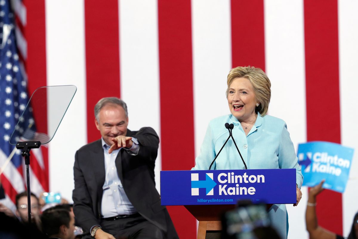 FILE - In this July 23, 2016 file photo, Democratic presidential candidate Hillary Clinton, accompanied by her running mate, Democratic Vice Presidential candidate Sen. Tim Kaine, D-Va., speaks at a rally in Miami. The Democratic National Convention speaker’s lineup has highlighted an increasingly diverse country that could soon elect the first female president as successor to its first black chief executive.  (AP Photo/Mary Altaffer, File) (AP)