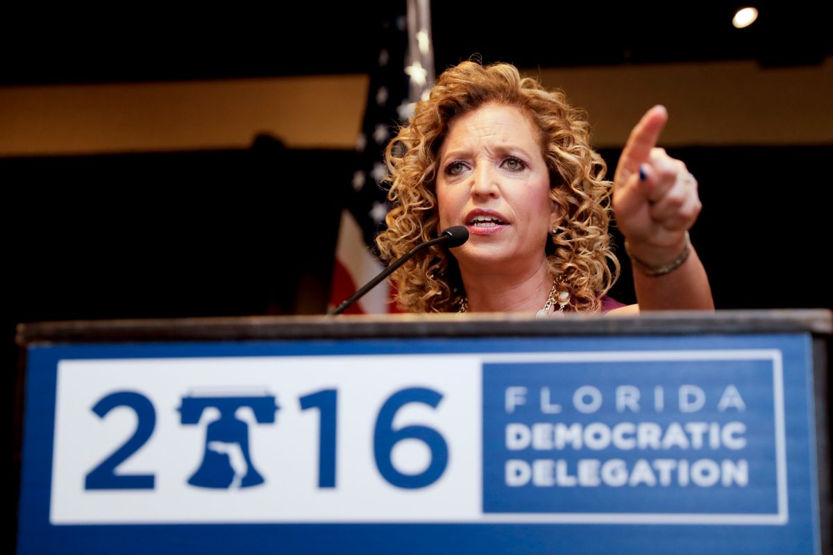 DNC Chairwoman, Debbie Wasserman Schultz, D-Fla., speaks during a Florida delegation breakfast, Monday, July 25, 2016, in Philadelphia, during the first day of the Democratic National Convention. (AP Photo/Matt Slocum) (AP)