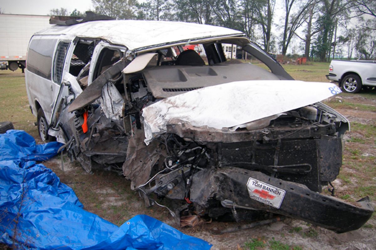 In 2012, a drunk driver hit a Prisoner Transportation Services van in Florida. The inmates were not in seatbelts. Many were injured, and one was temporarily paralyzed.
 (Florida Highway Patrol via The Marshall Project)