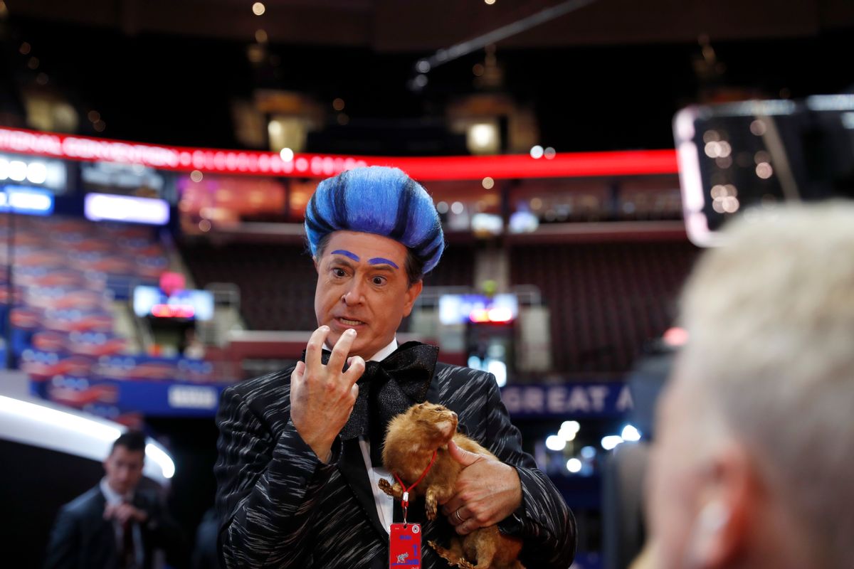 Talk show host Stephen Colbert performs on the floor of the Republican National Convention at Quicken Loans Arena during a taping of his program, Sunday, July 17, 2016, in Cleveland. (AP Photo/Carolyn Kaster) (AP)