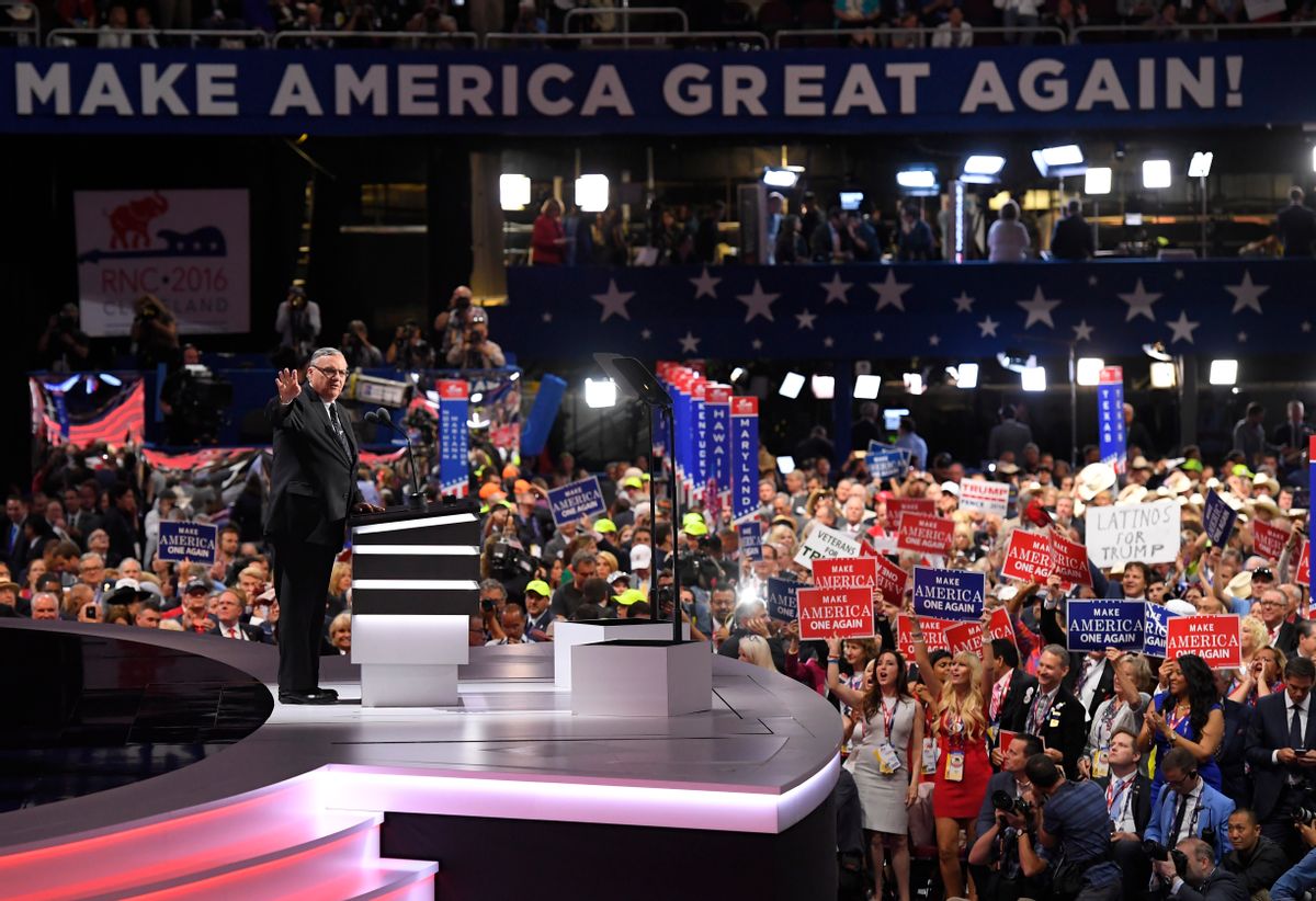 Sheriff Joe Arpaio of Arizona speaks during the final day of the Republican National Convention in Cleveland, Thursday, July 21, 2016.  (AP)