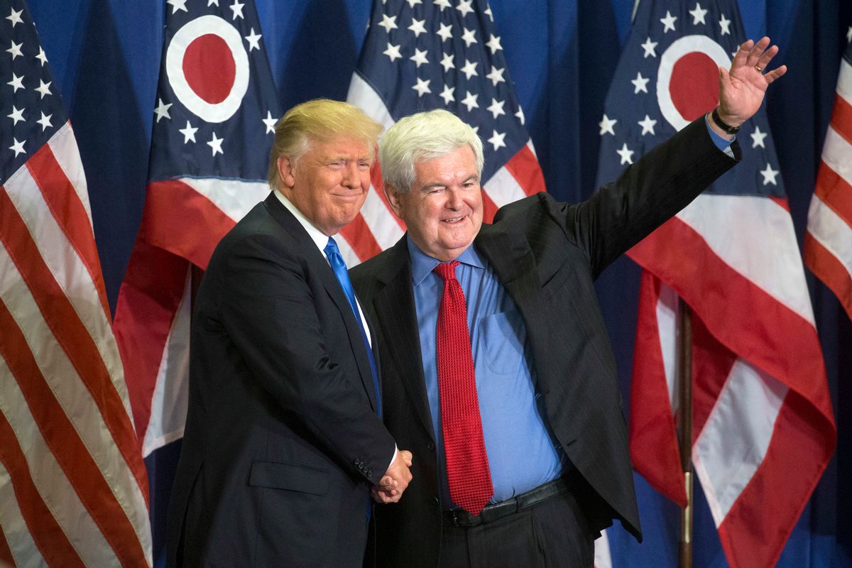 Republican presidential candidate Donald Trump, left, and former House Speaker Newt Gingrich, right, acknowledge the crowd during a campaign rally at the Sharonville Convention Center, Wednesday, July 6, 2016, in Cincinnati.  (AP)