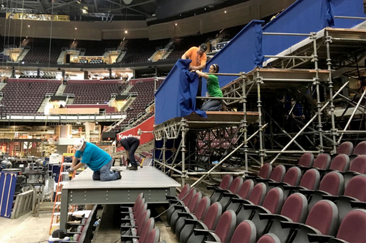 Workers prepare a camera platform inside Quicken Loans Arena in preparation for the Republican National Convention, June 28, 2016, in Cleveland.   (AP/Mark Gillispie)