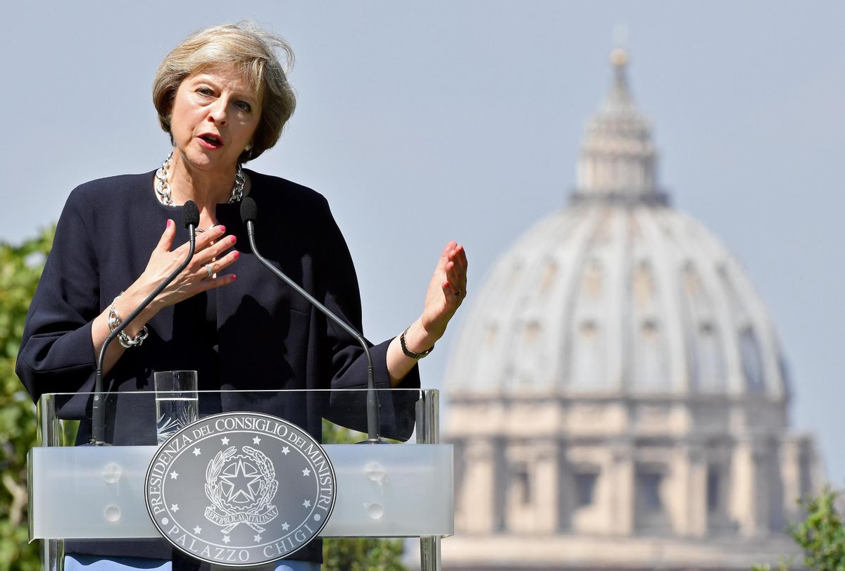 British Prime Minister Theresa May speaks during a press conference after meeting with Italian Premier Matteo Renzi in Rome Wednesday, July 27, 2016. In the background the dome of St. Peter's Basilica. (Ettore Ferrari/ANSA via AP) (AP)