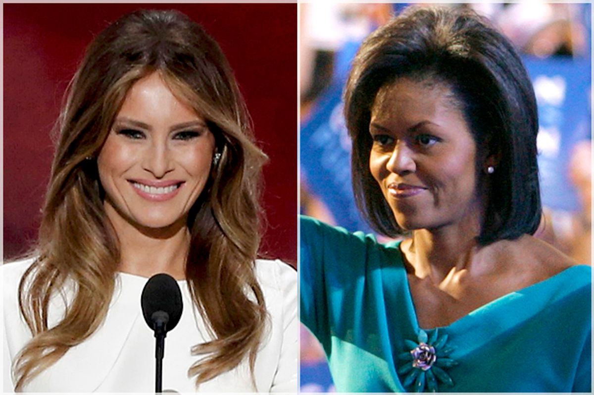 Melania Trump; Michelle Obama   (Reuters/Larry Downing)