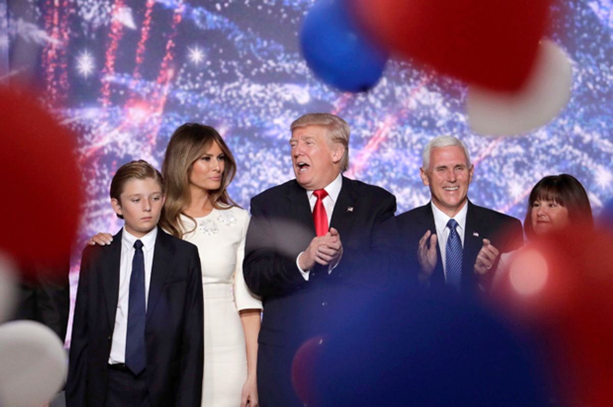 Barron Trump, Melania Trump, Donald Trump, Mike Pence and Karen Pence at the Republican National Convention in Cleveland, July 21, 2016.   (AP/J. Scott Applewhite)
