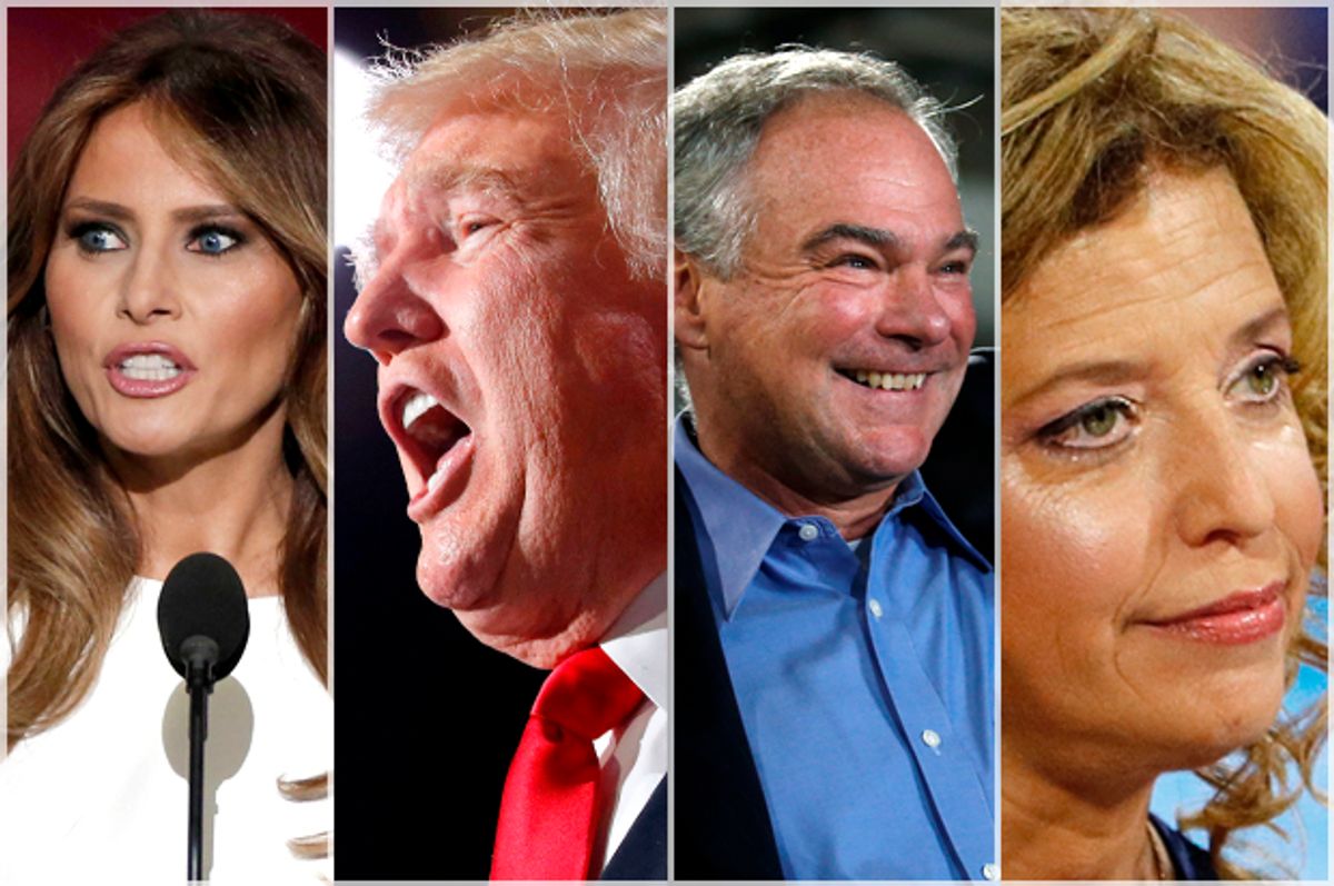 Melania Trump, Donald Trump, Tim Kaine, Debbie Wasserman Schultz   (Reuters/Mike Segar/Aaron Bernstein/Carlos Barria/Scott Audette)