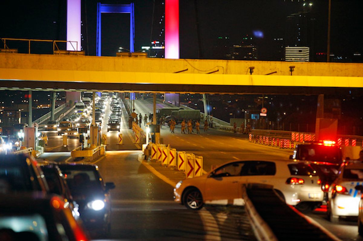 Turkish soldiers block Istanbul's Bosporus Bridge after a reported military coup attempt on Friday, July 15, 2016  (AP/Emrah Gurel)