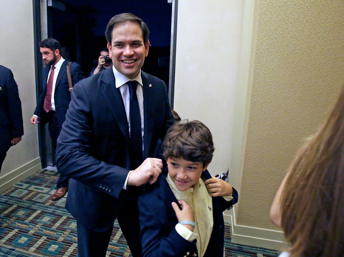 Sen. Marco Rubio, R-Fla., arrives with members of his family to a primary election party, Tuesday, Aug. 30, 2016, in Kissimmee, Fla. (AP)