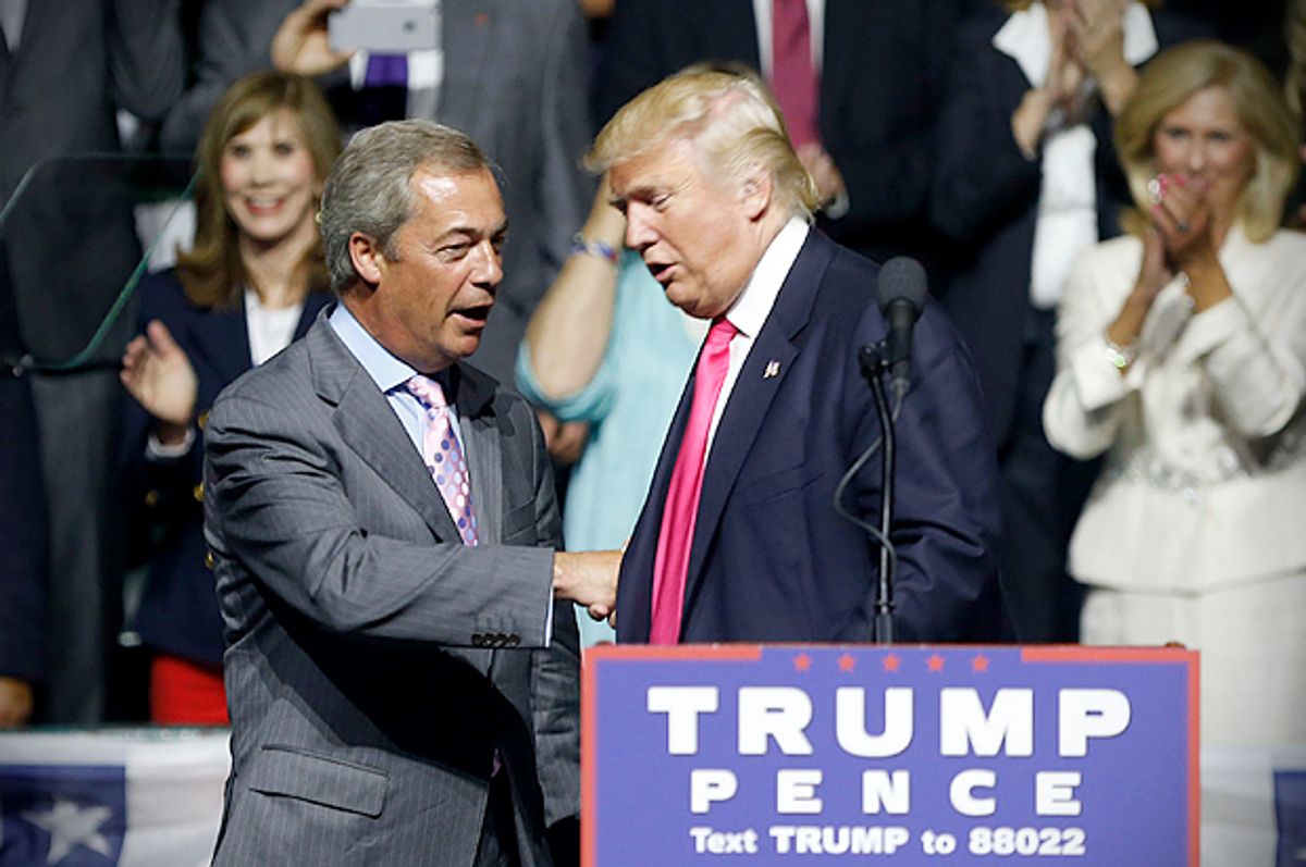 Donald Trump welcomes Nigel Farage to speak at a rally in Jackson, Miss. (AP/Gerald Herbert)