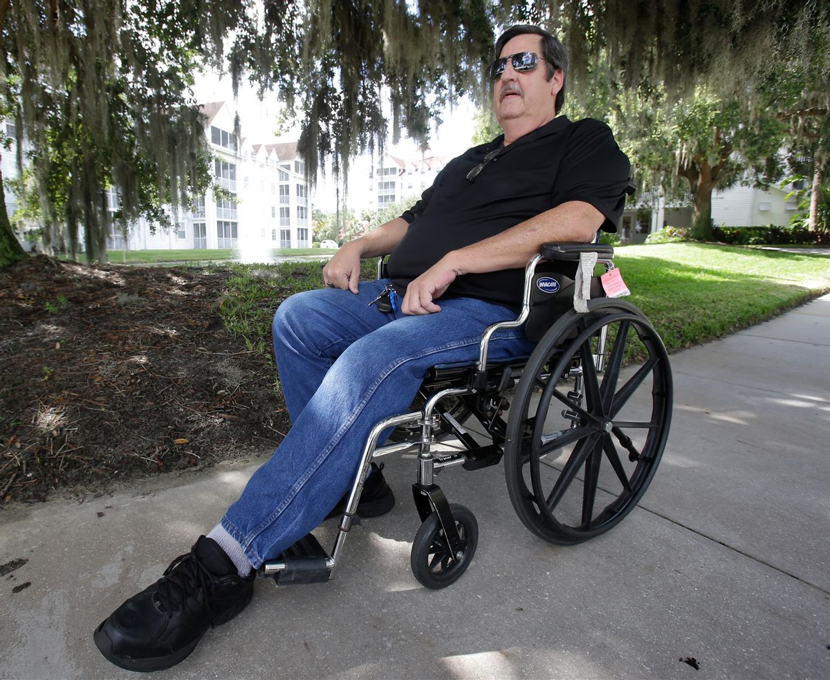 Bruce Bradford spends time outdoors during a holiday visit in Orlando, Fla., on Thursday, June 23, 2016. In January, the 58-year-old longtime Republican and Donald Trump supporter qualified for Social Security disability, which allowed him to buy health insurance through the Affordable Care Act. (AP Photo/John Raoux) (AP)