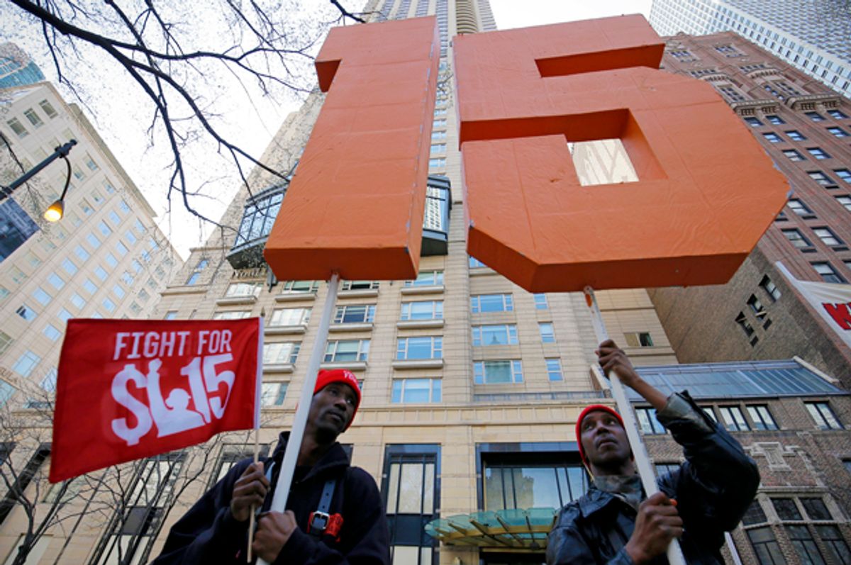 Demonstrators at a protest for a $15-an-hour nationwide minimum wage in Chicago, April 14, 2016.    (Reuters/Jim Young)